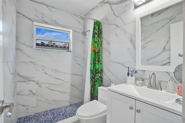 1155 Hayes St, Hollywood, FL 33019 - bathroom with a marble finish shower, toilet, vanity, and tile walls