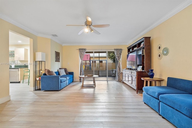 4161 W Silverado Cir, Davie, FL 33024 - living room with a ceiling fan, crown molding, and light wood finished floors