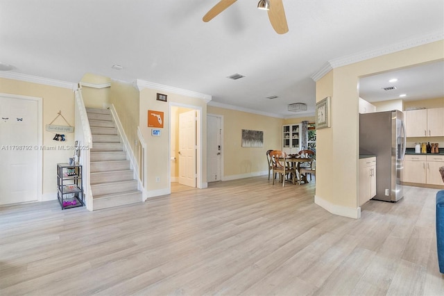 4161 W Silverado Cir, Davie, FL 33024 - living room with a ceiling fan, light wood-type flooring, stairway, crown molding, and baseboards