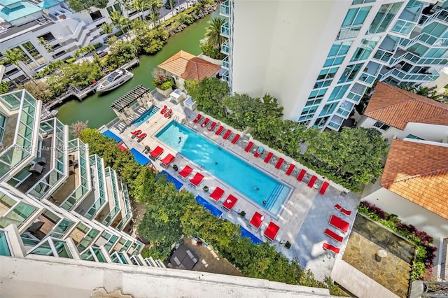 aerial view of a large body of water and a pool