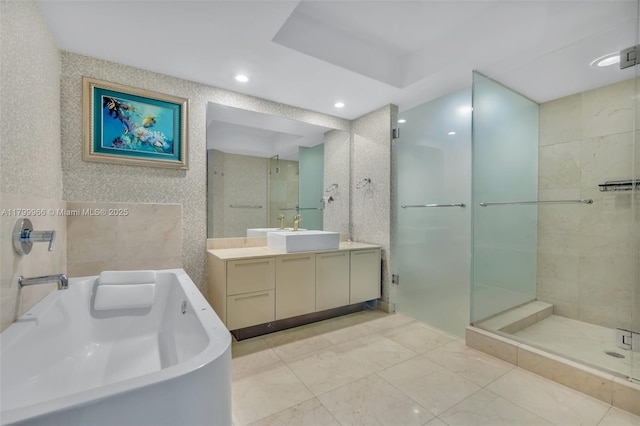 200 Sunny Isles Blvd Unit 2-1503, Sunny Isles Beach, FL 33160 - bathroom with a stall shower, a garden tub, vanity, marble look tiles, and recessed lighting