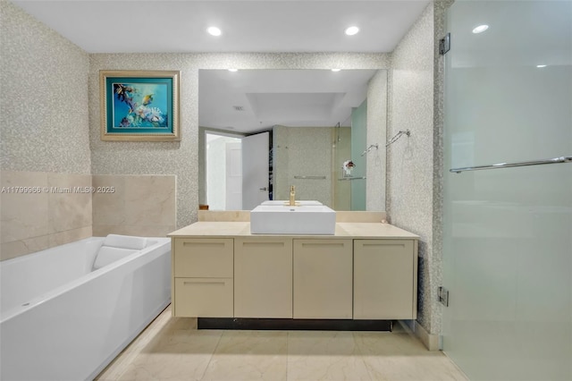 200 Sunny Isles Blvd Unit 2-1503, Sunny Isles Beach, FL 33160 - bathroom featuring a shower stall, a bath, vanity, recessed lighting, and marble finish floors