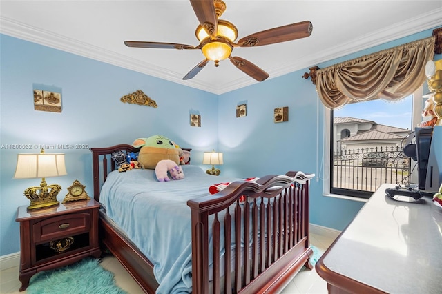 13111 NW 11th Ter, Miami, FL 33182 - tiled bedroom featuring crown molding, a ceiling fan, baseboards, and access to outside