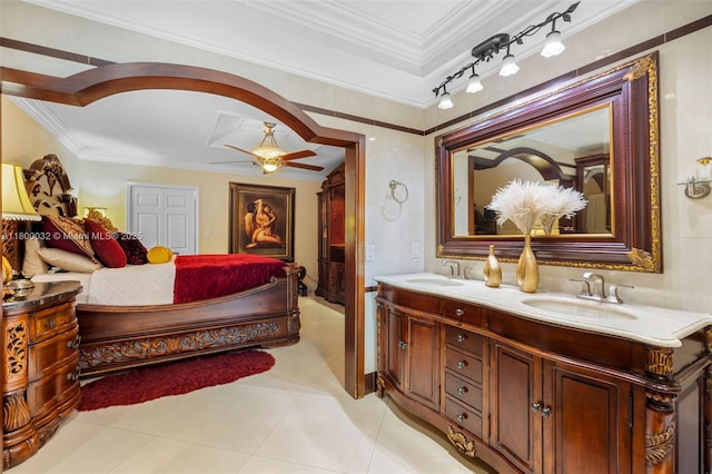 13111 NW 11th Ter, Miami, FL 33182 - full bath featuring ornamental molding, double vanity, a ceiling fan, and tile patterned floors