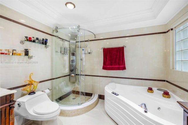 13111 NW 11th Ter, Miami, FL 33182 - full bathroom featuring ornamental molding, a shower stall, a whirlpool tub, toilet, and tile walls