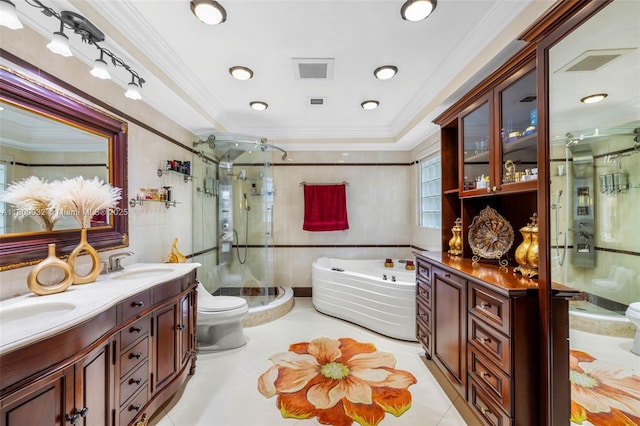 13111 NW 11th Ter, Miami, FL 33182 - bathroom featuring a garden tub, a shower stall, ornamental molding, double vanity, and toilet