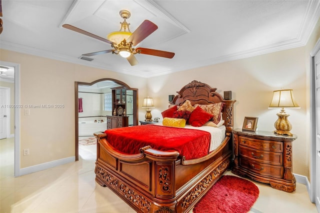 13111 NW 11th Ter, Miami, FL 33182 - bedroom with arched walkways, ornamental molding, connected bathroom, baseboards, and a ceiling fan