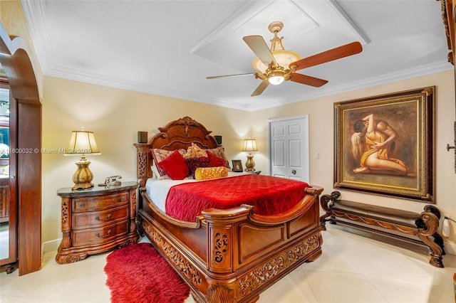 13111 NW 11th Ter, Miami, FL 33182 - tiled bedroom featuring crown molding and a ceiling fan