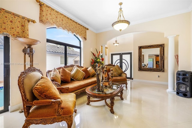 13111 NW 11th Ter, Miami, FL 33182 - tiled living area featuring ornamental molding, arched walkways, baseboards, and decorative columns