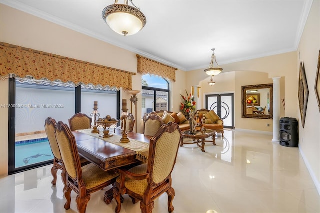 13111 NW 11th Ter, Miami, FL 33182 - dining space featuring light tile patterned floors, crown molding, arched walkways, and baseboards