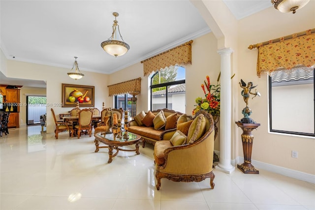 13111 NW 11th Ter, Miami, FL 33182 - living area with decorative columns, arched walkways, ornamental molding, light tile patterned flooring, and baseboards