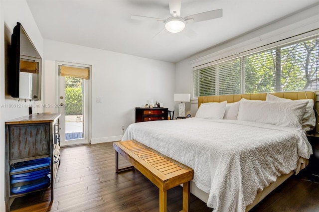 bedroom with access to outside, dark wood-style flooring, baseboards, and ceiling fan