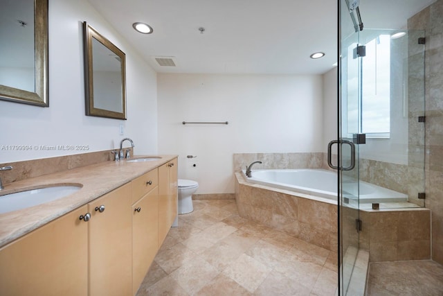 1745 E Hallandale Beach Blvd Unit 1903W, Hallandale Beach, FL 33009 - bathroom featuring a garden tub, a stall shower, double vanity, toilet, and tile patterned flooring