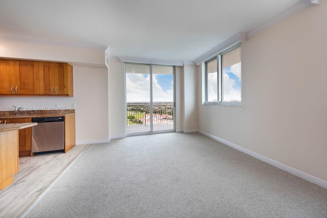 1745 E Hallandale Beach Blvd Unit 1903W, Hallandale Beach, FL 33009 - unfurnished living room featuring crown molding, baseboards, light carpet, and a sink