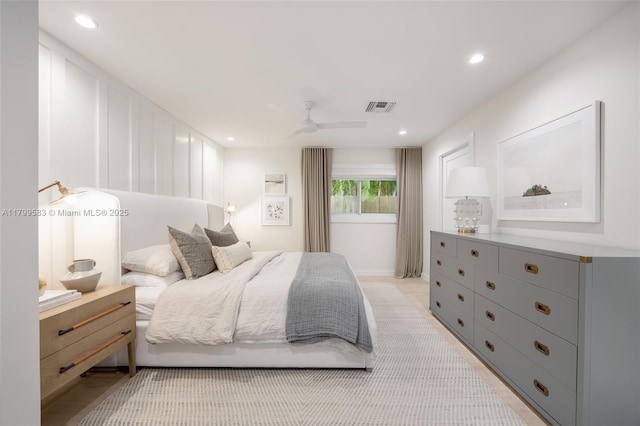 bedroom with a ceiling fan and recessed lighting
