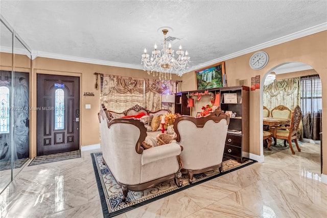 1480 SW 5th Ave, Deerfield Beach, FL 33441 - living room with a chandelier, marble tiled floors, plenty of natural light, crown molding, and a textured ceiling