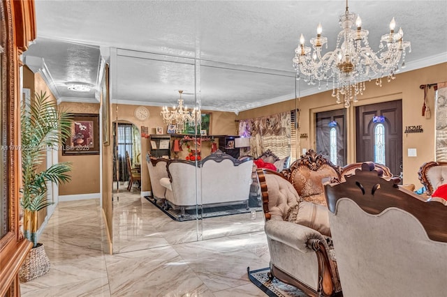 1480 SW 5th Ave, Deerfield Beach, FL 33441 - living room featuring a chandelier, marble tiled floors, a textured ceiling, crown molding, and baseboards