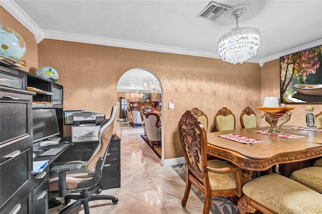1480 SW 5th Ave, Deerfield Beach, FL 33441 - dining space with a chandelier, a textured wall, ornamental molding, light marble finish flooring, and a desk