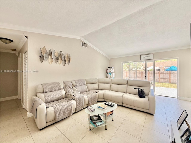 5730 NW 199th St, Hialeah, FL 33015 - living room featuring crown molding, tile patterned flooring, vaulted ceiling, baseboards, and a textured ceiling