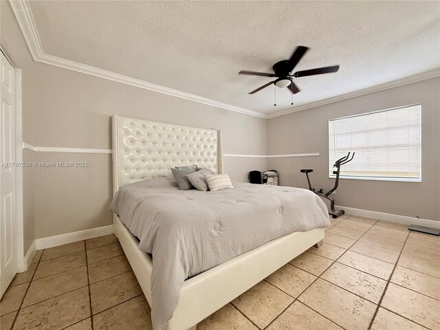 5730 NW 199th St, Hialeah, FL 33015 - bedroom featuring crown molding, baseboards, a textured ceiling, a ceiling fan, and light tile patterned floors