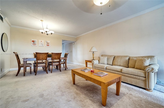 living area featuring light colored carpet, crown molding, baseboards, a chandelier, and a textured ceiling