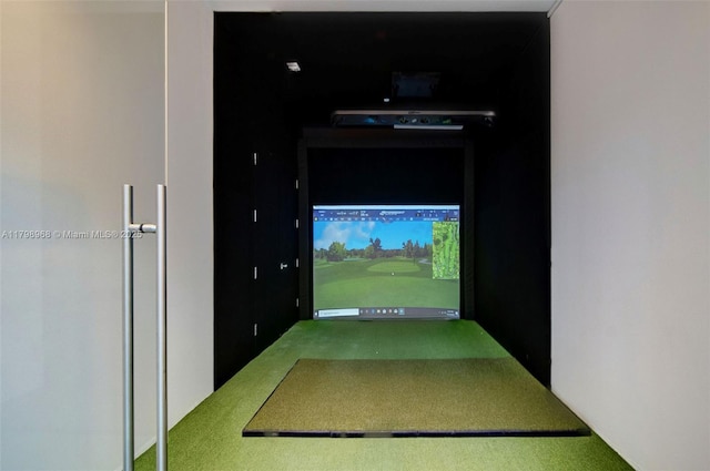 recreation room featuring golf simulator and carpet flooring