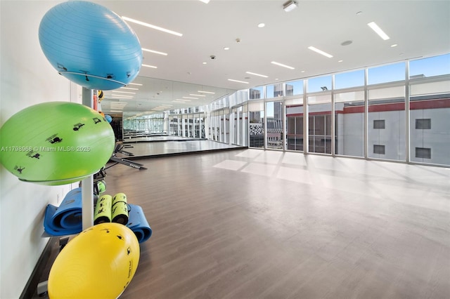 gym featuring plenty of natural light, a wall of windows, and wood finished floors