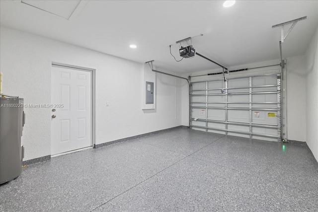 garage featuring water heater, a garage door opener, electric panel, and recessed lighting