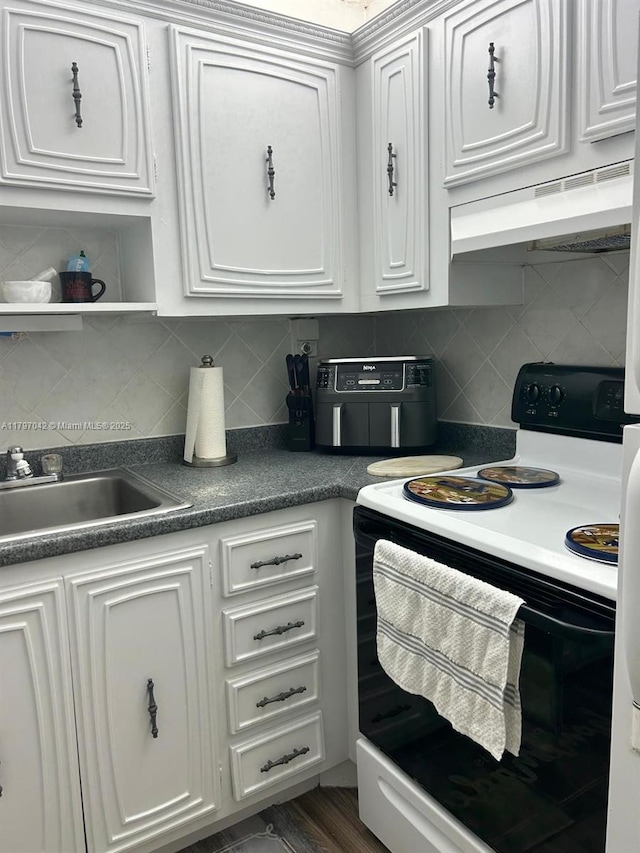 2851 Somerset Dr Unit 307, Lauderdale Lakes, FL 33311 - kitchen with electric range oven, decorative backsplash, white cabinetry, and a sink