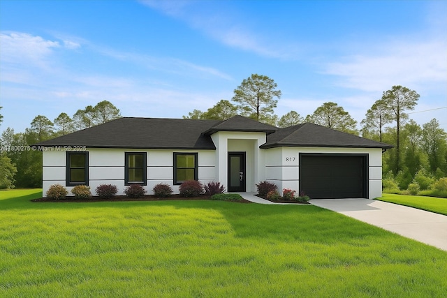 817 Moore Ave, Lehigh Acres, FL 33972 - view of front of property featuring concrete driveway, a garage, stucco siding, a front yard, and roof with shingles