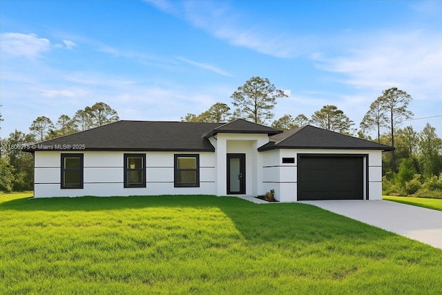817 Moore Ave, Lehigh Acres, FL 33972 - view of front of property with stucco siding, driveway, a garage, a front yard, and roof with shingles