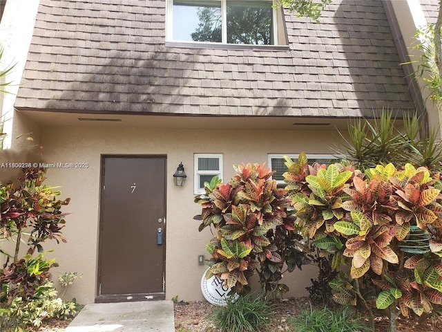 2520 Van Buren St Unit 7, Hollywood, FL 33020 - doorway to property featuring stucco siding, roof with shingles, and mansard roof