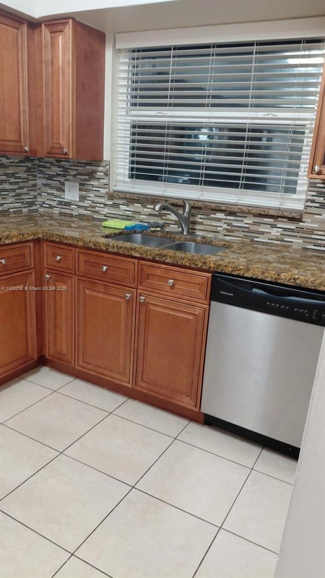 2520 Van Buren St Unit 7, Hollywood, FL 33020 - kitchen featuring stainless steel dishwasher, a sink, tasteful backsplash, and brown cabinets