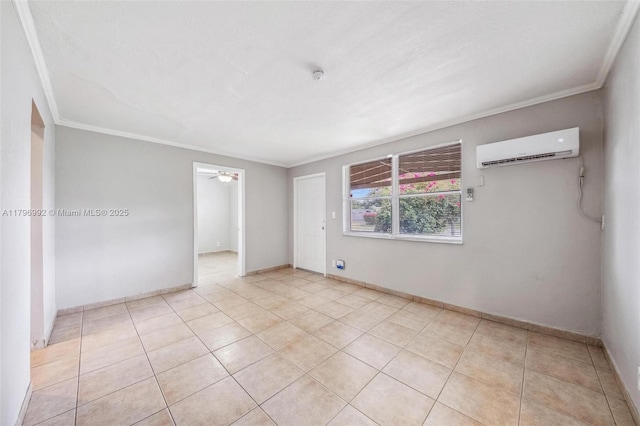 5720 SW 40th Ct, West Park, FL 33023 - empty room featuring an AC wall unit, ornamental molding, ceiling fan, light tile patterned floors, and baseboards
