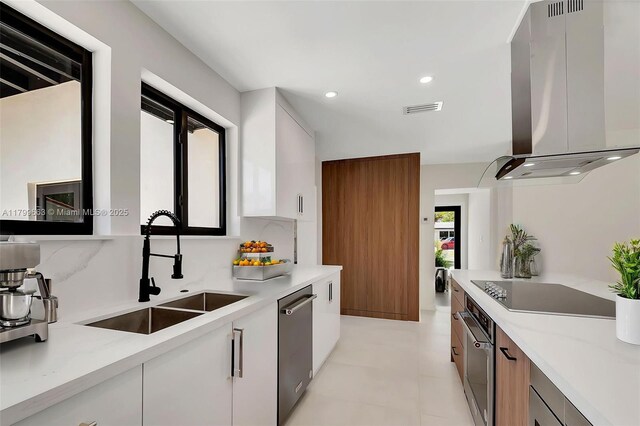 9494 SW 144th St, Miami, FL 33176 - kitchen with island exhaust hood, appliances with stainless steel finishes, a sink, white cabinets, and modern cabinets