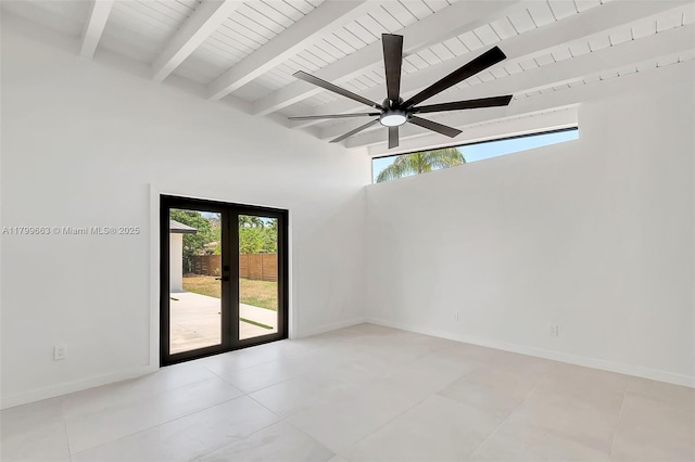 9494 SW 144th St, Miami, FL 33176 - unfurnished room with beam ceiling, french doors, baseboards, ceiling fan, and light tile patterned flooring