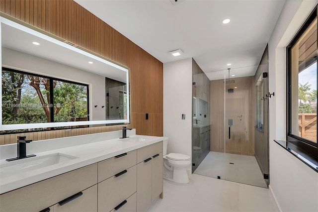 9494 SW 144th St, Miami, FL 33176 - full bathroom featuring toilet, a stall shower, double vanity, and recessed lighting