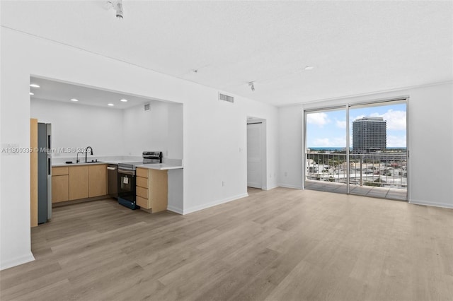 6900 Bay Dr Unit 10I, Miami Beach, FL 33141 - unfurnished living room with light wood-style floors, a sink, recessed lighting, and baseboards