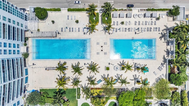 aerial view of a pool area
