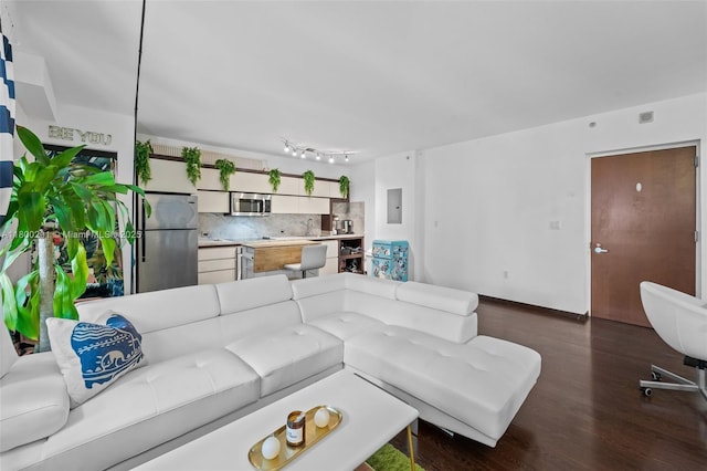 435 21st St Unit 212, Miami Beach, FL 33139 - living room featuring electric panel, dark wood-style flooring, track lighting, and baseboards