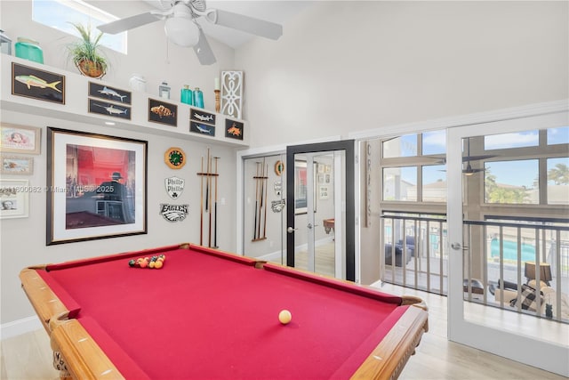 1220 Coury Dr, Key Colony, FL 33051 - rec room with billiards, french doors, a towering ceiling, wood finished floors, and ceiling fan