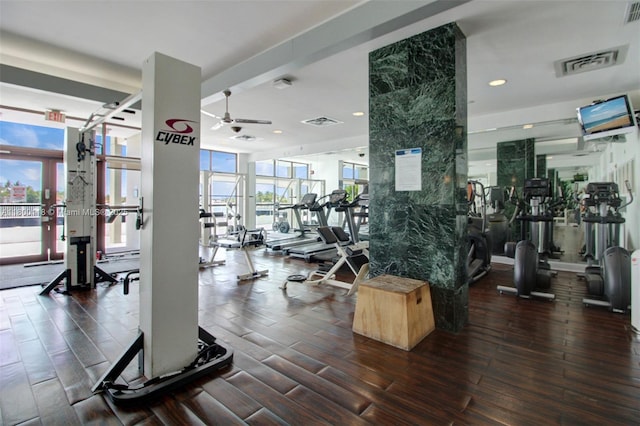 6770 Indian Creek Dr Unit 6O, Miami Beach, FL 33141 - gym featuring a ceiling fan, dark wood-style flooring, plenty of natural light, and recessed lighting