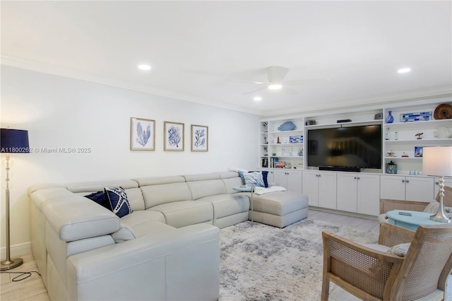 825 Center St Unit 24A, Jupiter, FL 33458 - living room with a ceiling fan, ornamental molding, and recessed lighting