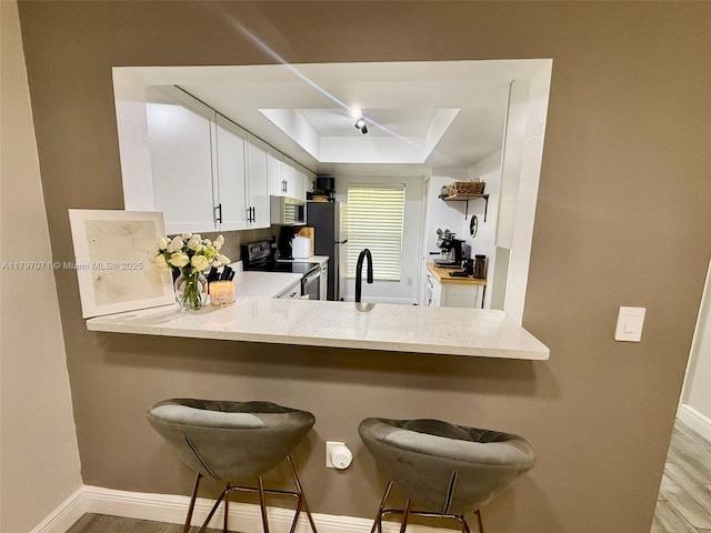 300 Promenade Dr Unit 105, Dunedin, FL 34698 - kitchen with stainless steel appliances, a raised ceiling, baseboards, a peninsula, and light wood-type flooring
