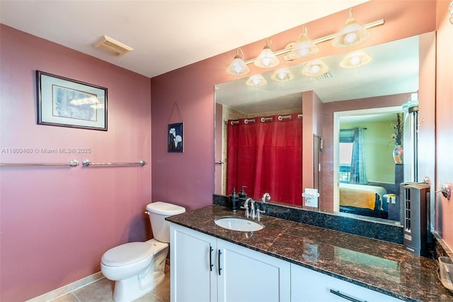 full bathroom featuring vanity, toilet, ensuite bath, and tile patterned flooring