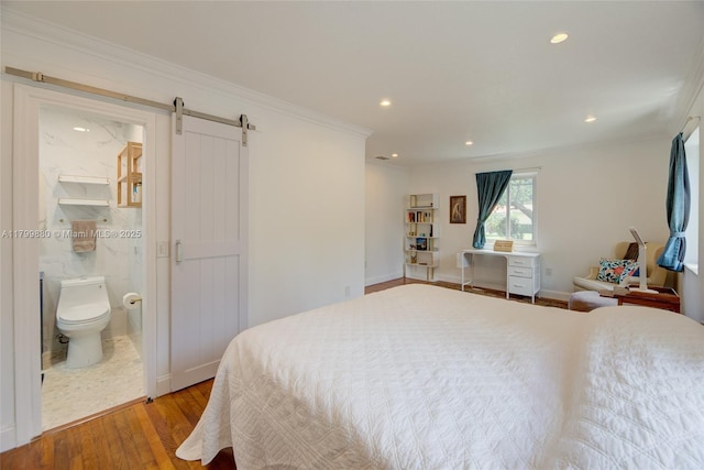 12000 NE 11th Ct, Biscayne Park, FL 33161 - bedroom featuring hardwood / wood-style floors, a barn door, crown molding, recessed lighting, and ensuite bath