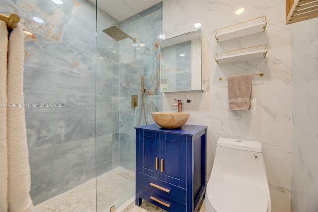 12000 NE 11th Ct, Biscayne Park, FL 33161 - bathroom with a walk in shower, tile walls, toilet, and vanity