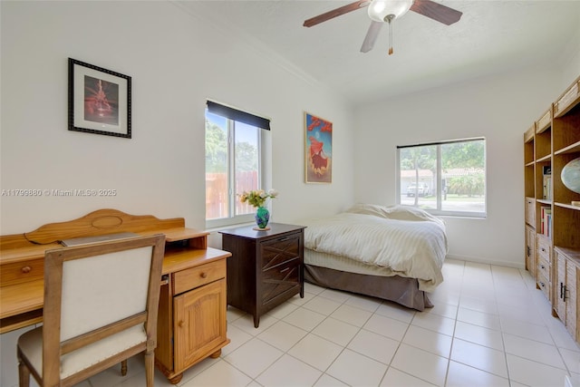 12000 NE 11th Ct, Biscayne Park, FL 33161 - bedroom featuring multiple windows, ornamental molding, light tile patterned floors, and ceiling fan