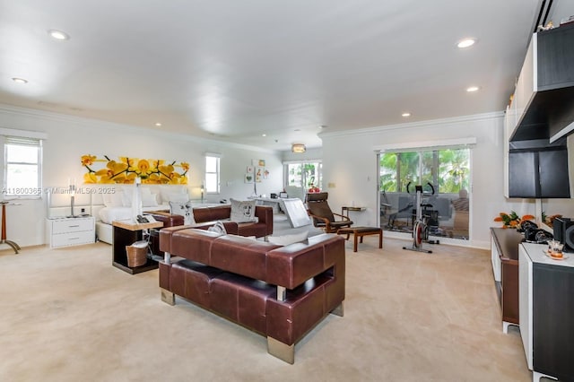 418 Tammarind Dr, Hallandale Beach, FL 33009 - living room featuring light carpet, recessed lighting, ornamental molding, and baseboards