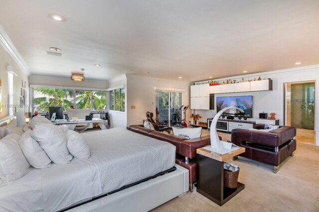 418 Tammarind Dr, Hallandale Beach, FL 33009 - bedroom featuring ornamental molding, multiple windows, light colored carpet, and recessed lighting